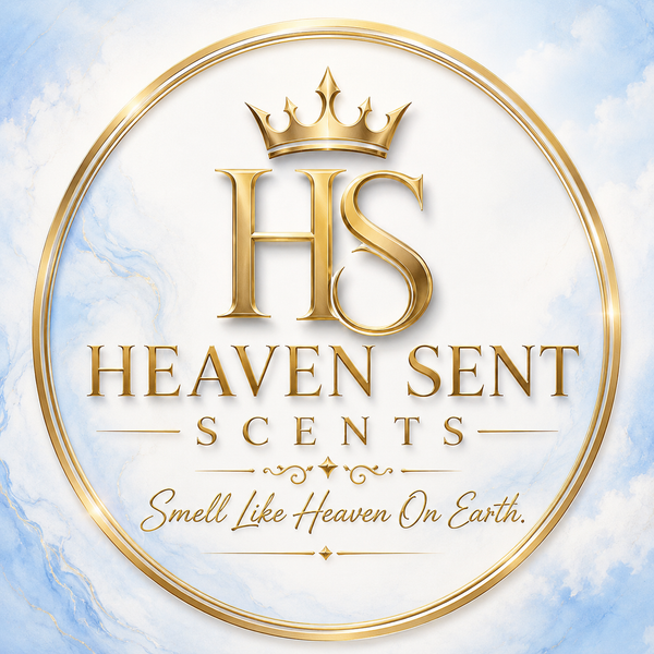 A circular gold logo with a crown above large 'HS' letters and the text 'HEAVEN SENT SCENTS' and 'Smell Like Heaven On Earth' on a soft blue-and-white marbled background.